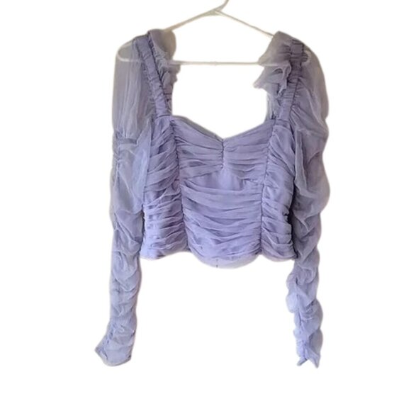 French Connection Lavender Top Edrea Tulle Top Size 12 Ruched Cropped - Picture 3 of 11